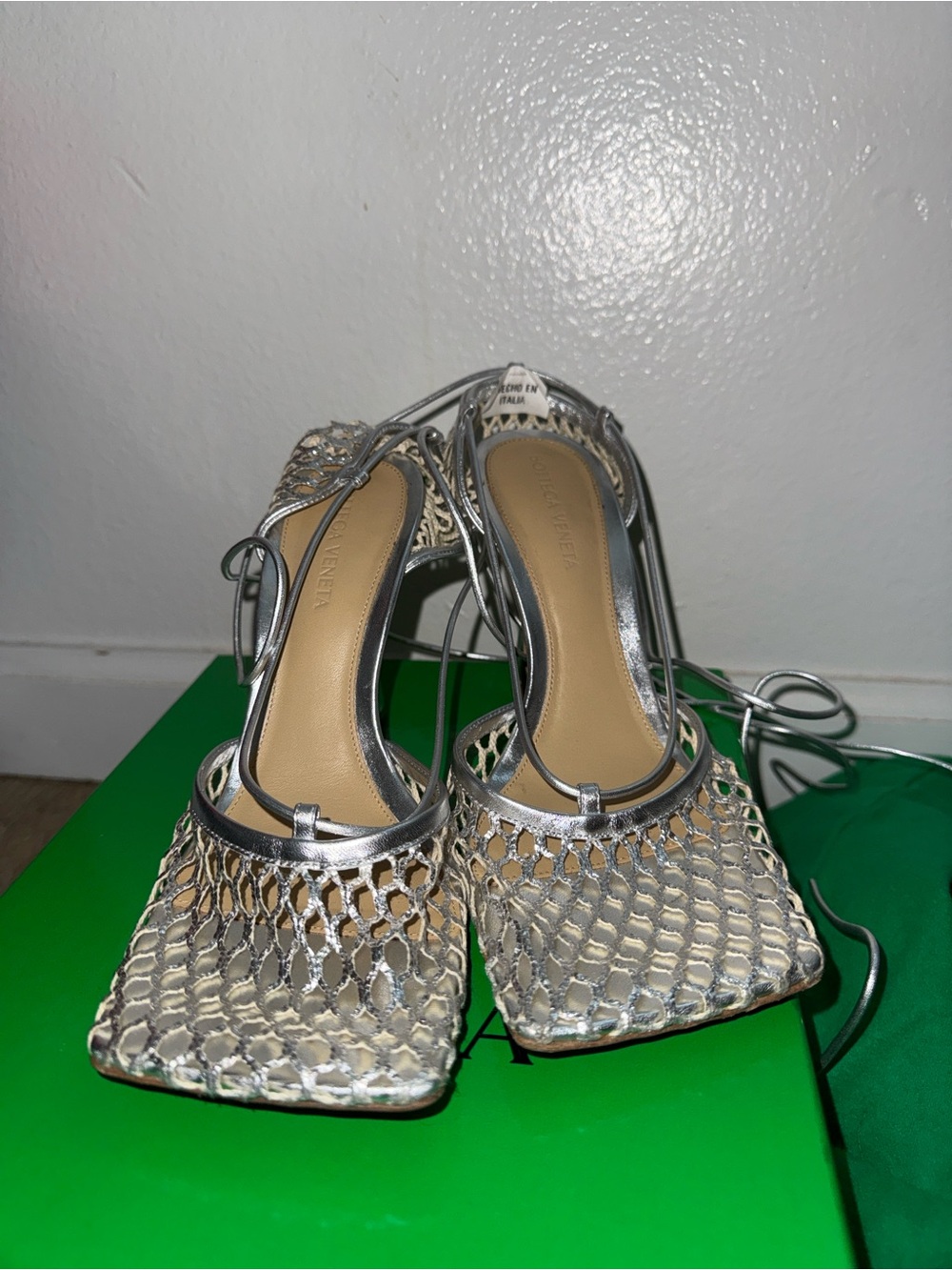 Bottega Veneta Silver Metallic Woven Lace-Up Heels
